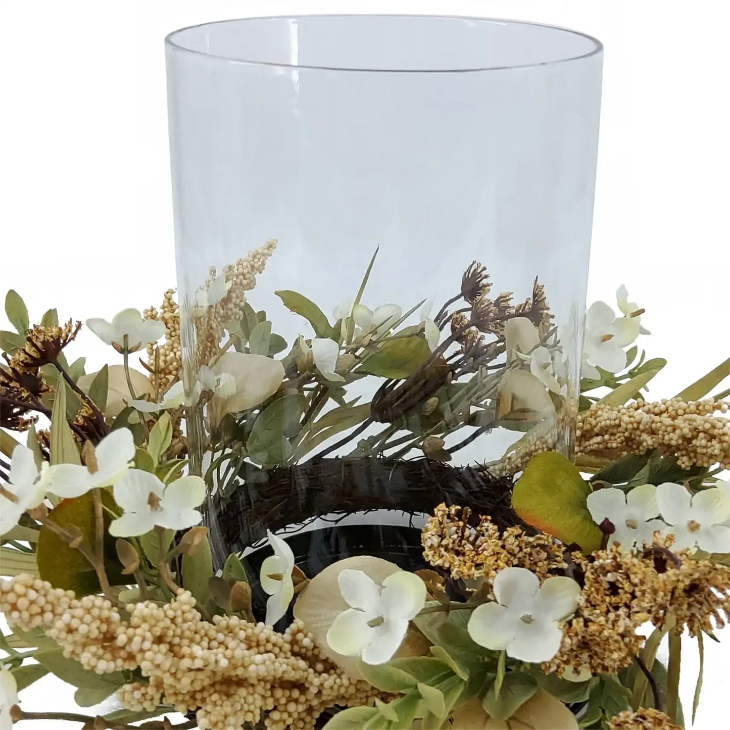 Hign-concerned Decorative Hurricane Pillar Candle Holder With Faux Florals
