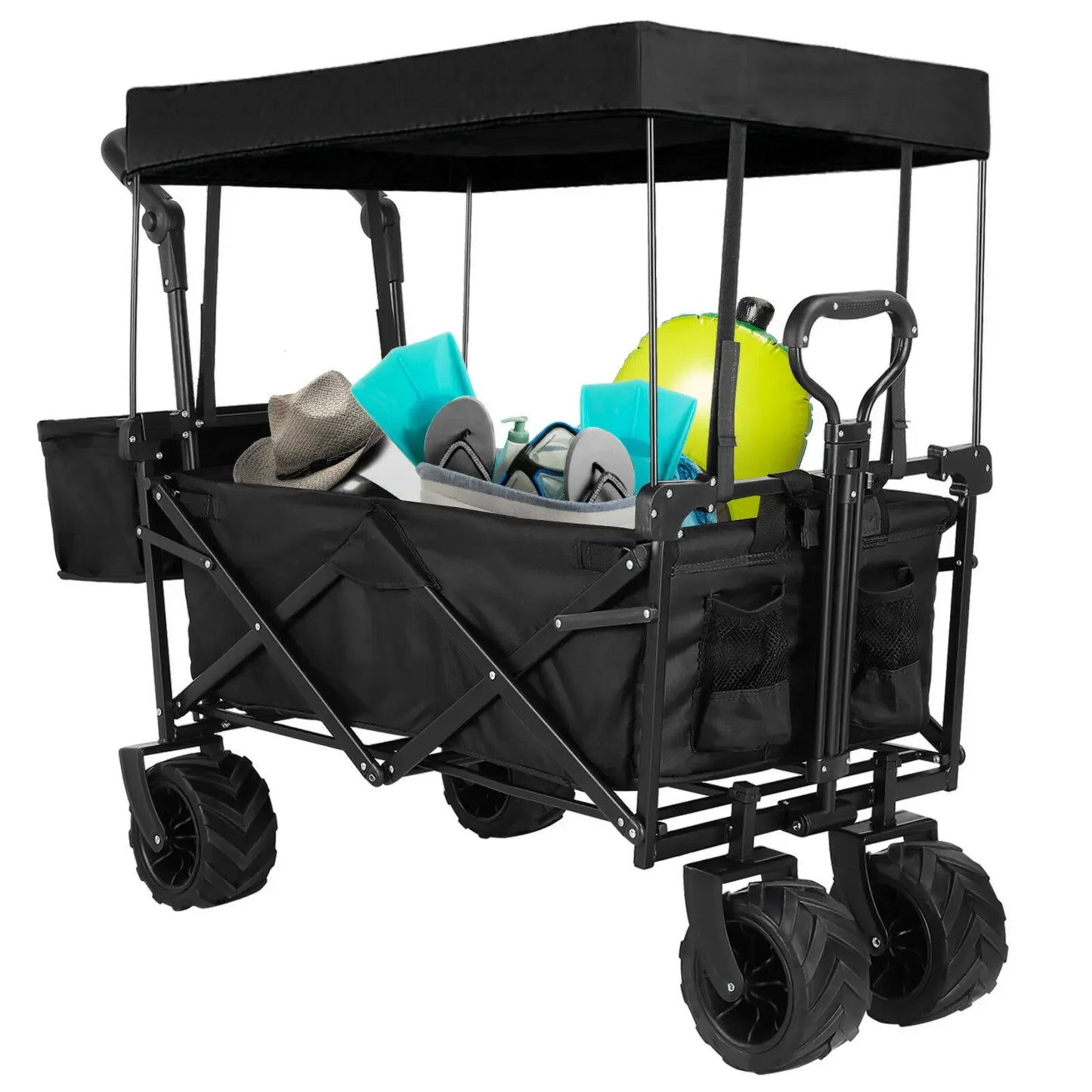 262L Collapsible Garden Cart Wagon with Removable Canopy, 115kg Capacity Push& Pull Utility Cart 600D Oxfort, Off-road wheel