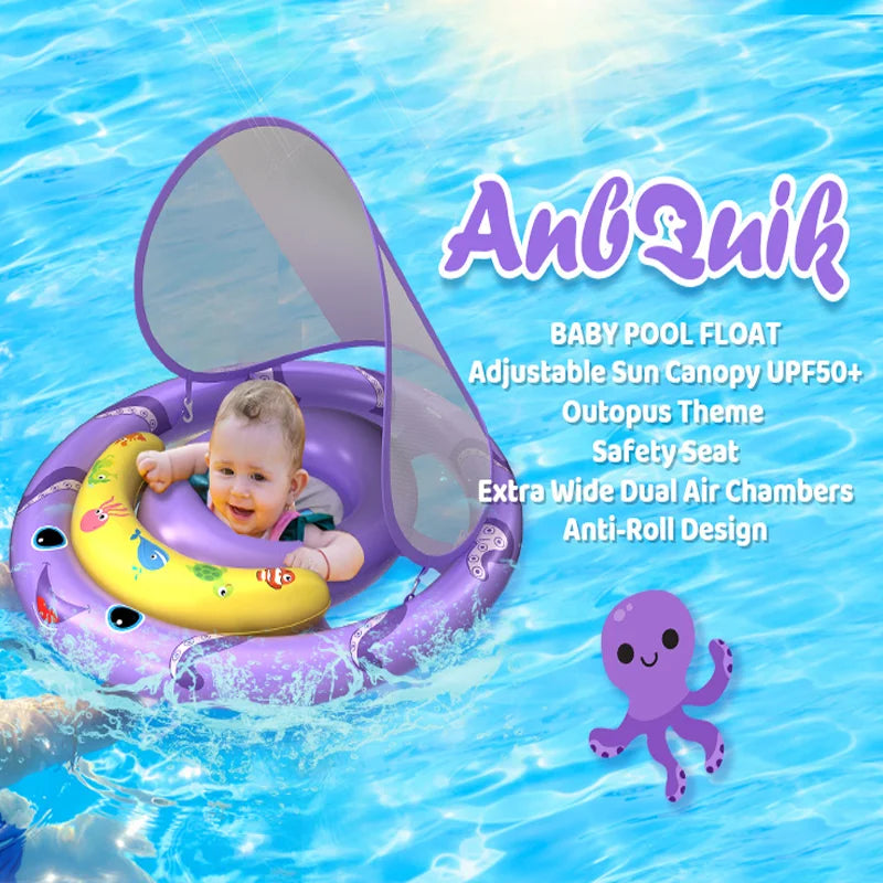 Baby Pool Float with Removable UPF50+ Sun Protection Canopy, Baby Swim Floats for 6-24 Months Infant Toddler, Extra Wide Dual Ai