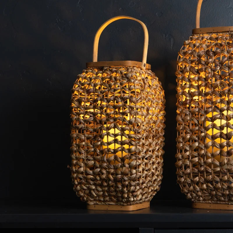 Natural Distressed Woven Glass And Wicker Floor Lantern Candle Holder