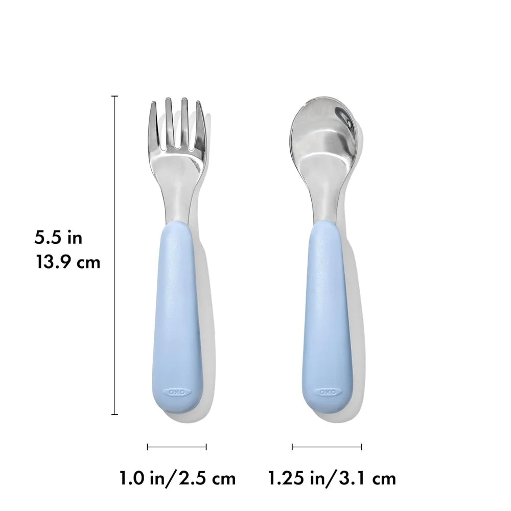 Stainless Steel Fork and Spoon Set Non Slip Grip Easy Hold Kids Utensils Durable Dishwasher Safe Indoor Use 2 Pieces