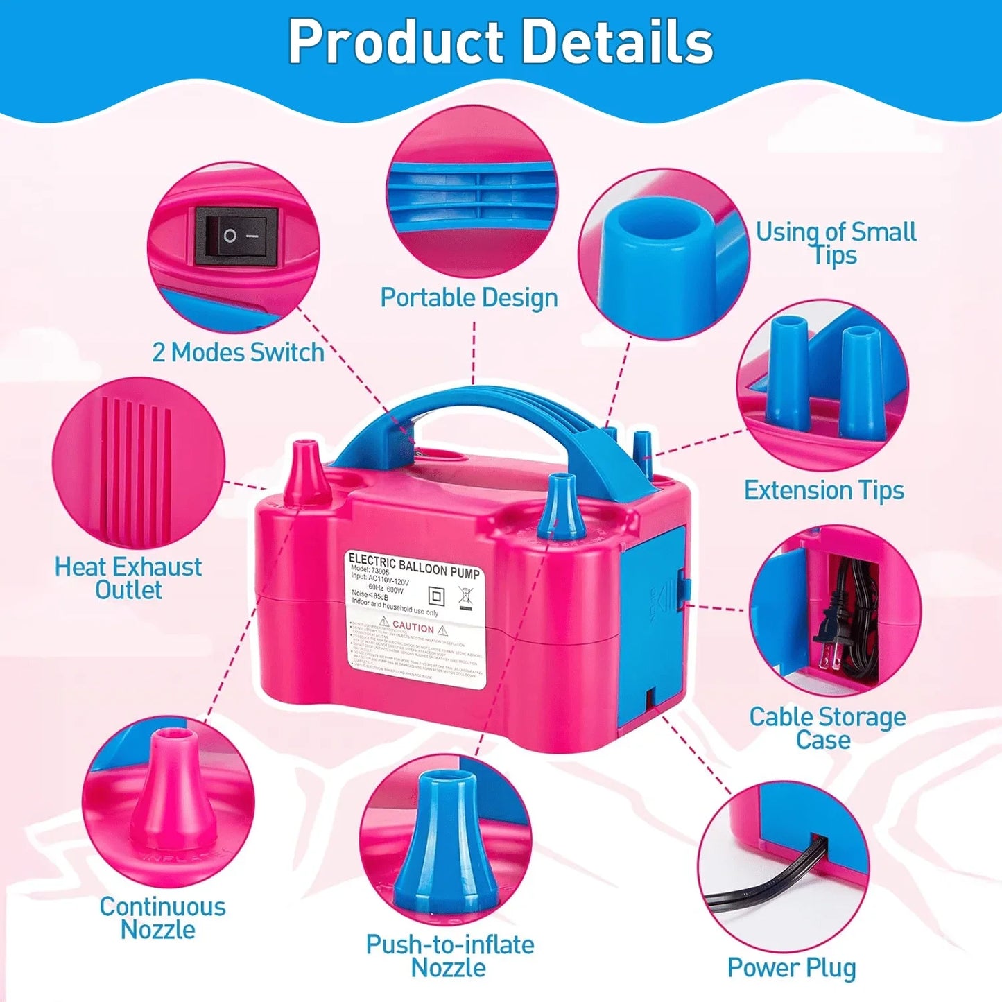 Electric Balloon Inflation Pump 600W Double Nozzle Portable