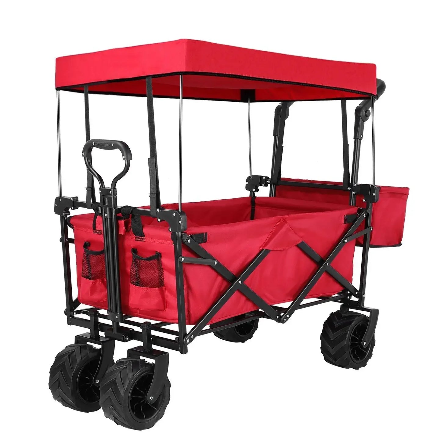 262L Collapsible Garden Cart Wagon with Removable Canopy, 115kg Capacity Push& Pull Utility Cart 600D Oxfort, Off-road wheel