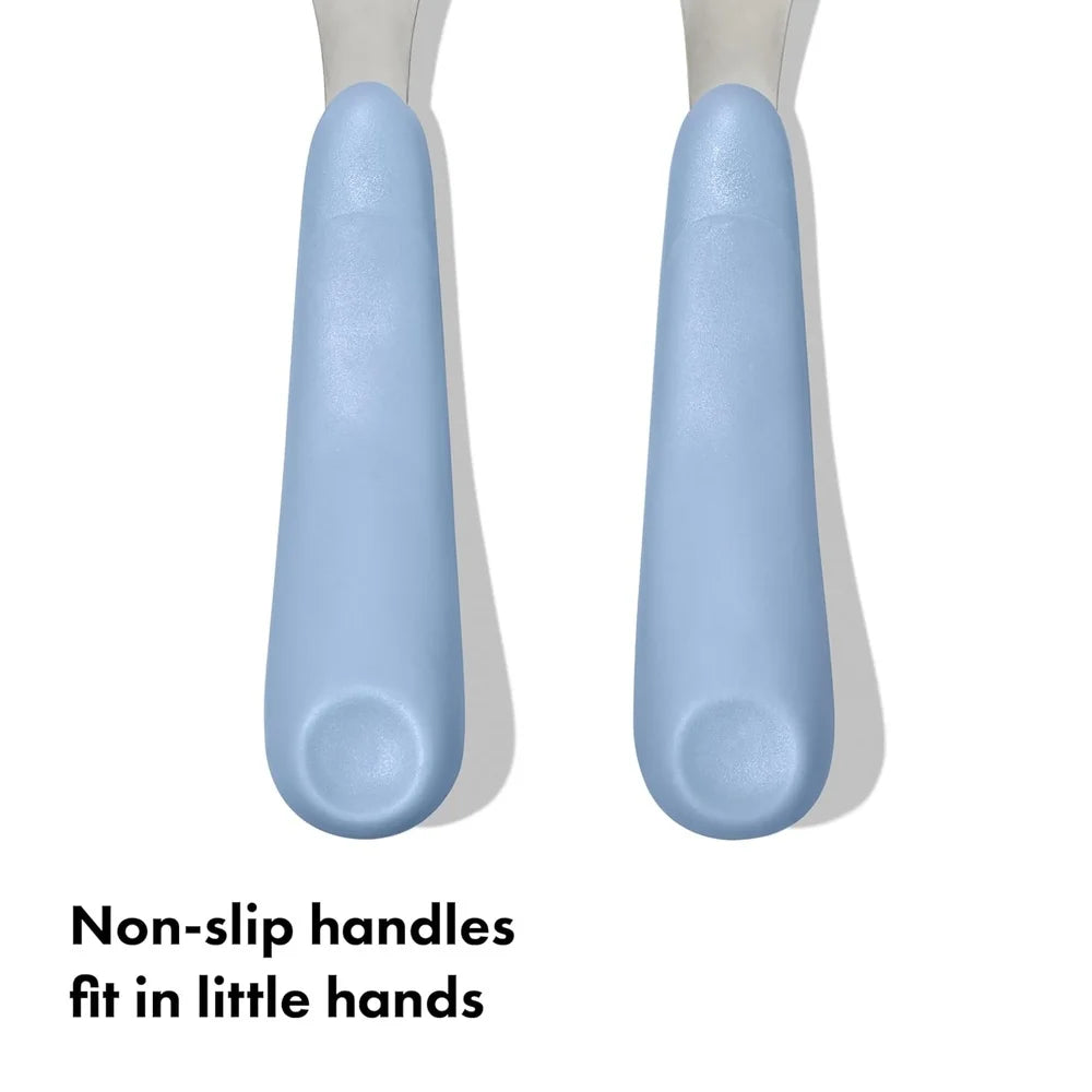 Stainless Steel Fork and Spoon Set Non Slip Grip Easy Hold Kids Utensils Durable Dishwasher Safe Indoor Use 2 Pieces