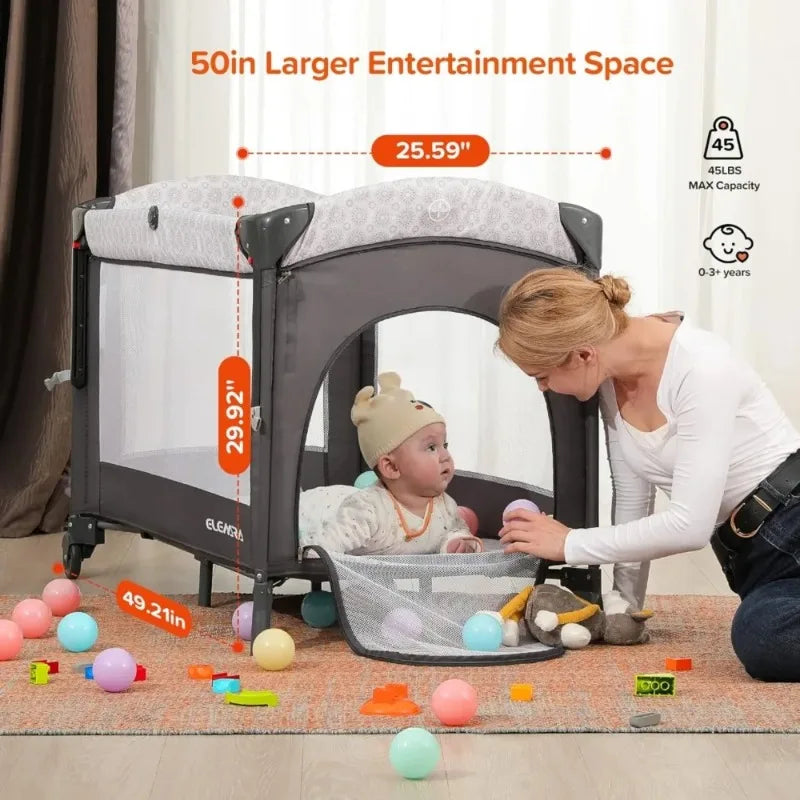 4-in-1 Wide Baby Bassinet with Diaper Changer, Bedside Crib with Mattress, Music & Blackout Cover, Adjustable Height