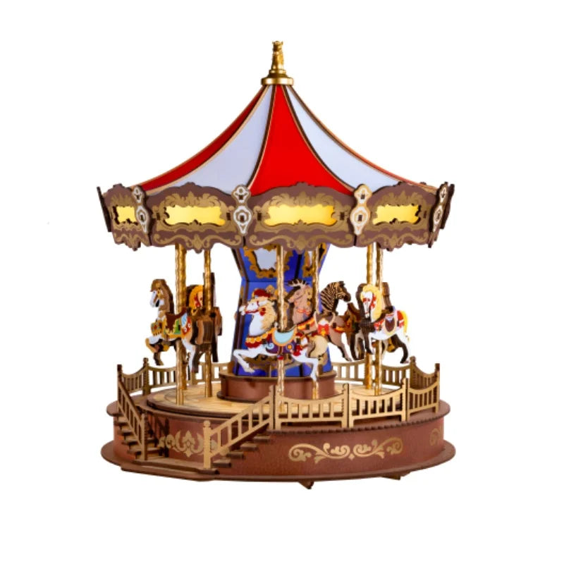 Robotime Carousel 3D Wooden Puzzle Music Box LED Lights