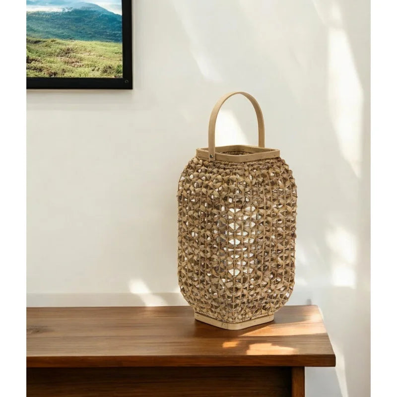 Natural Distressed Woven Glass And Wicker Floor Lantern Candle Holder