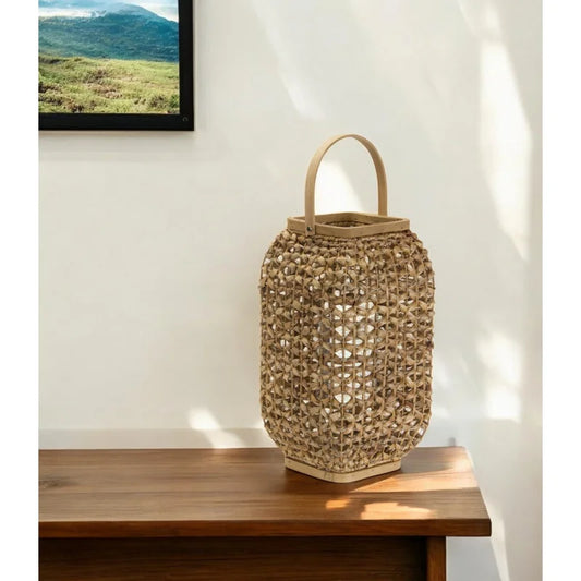 Natural Distressed Woven Glass And Wicker Floor Lantern Candle Holder