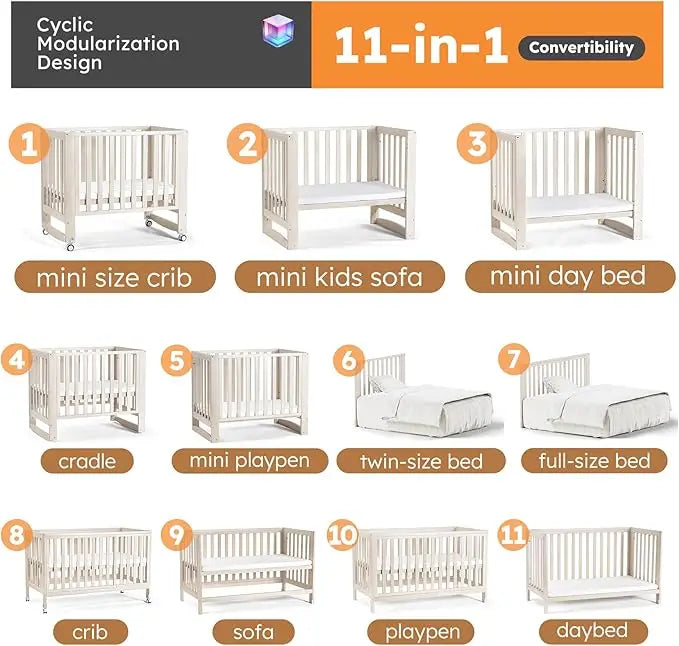 MAMAZING 11 In 1 Convertible Baby Crib With Removable Wheels