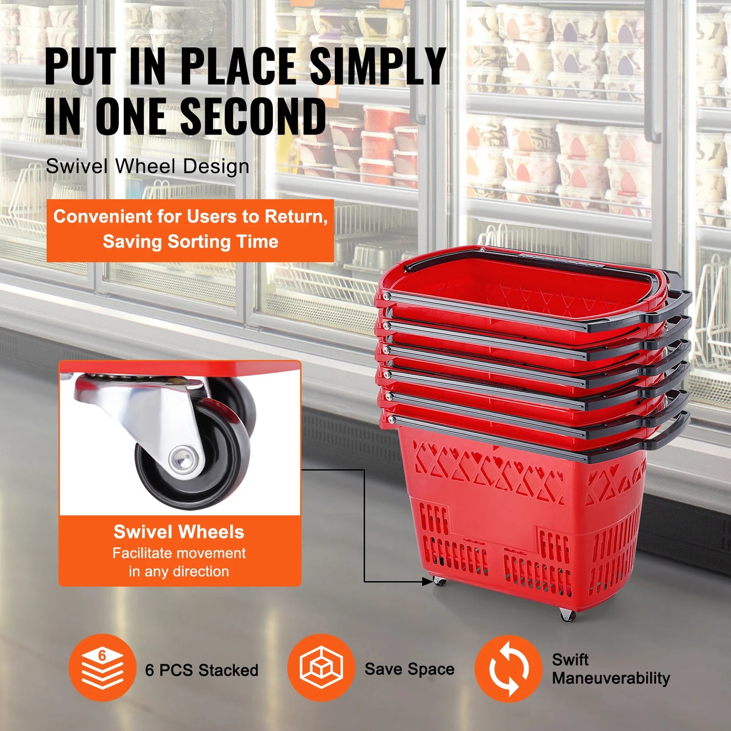 SucceBuy Six Piece Rolling Shopping Baskets With Handles And Wheels